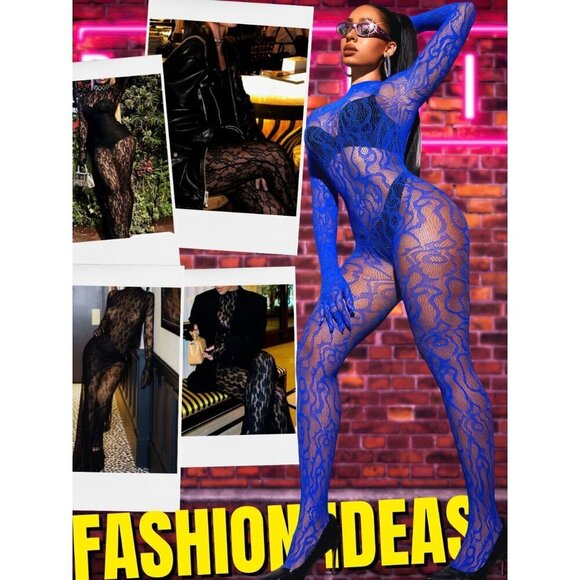 🆕Women Blue Sexy Fishnet Full Mesh Jumpsuit Body Stockings Halloween Costume - Picture 3 of 6